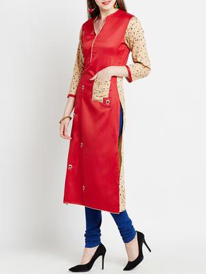 red cotton straight kurta - 15070182 - Standard Image - 3