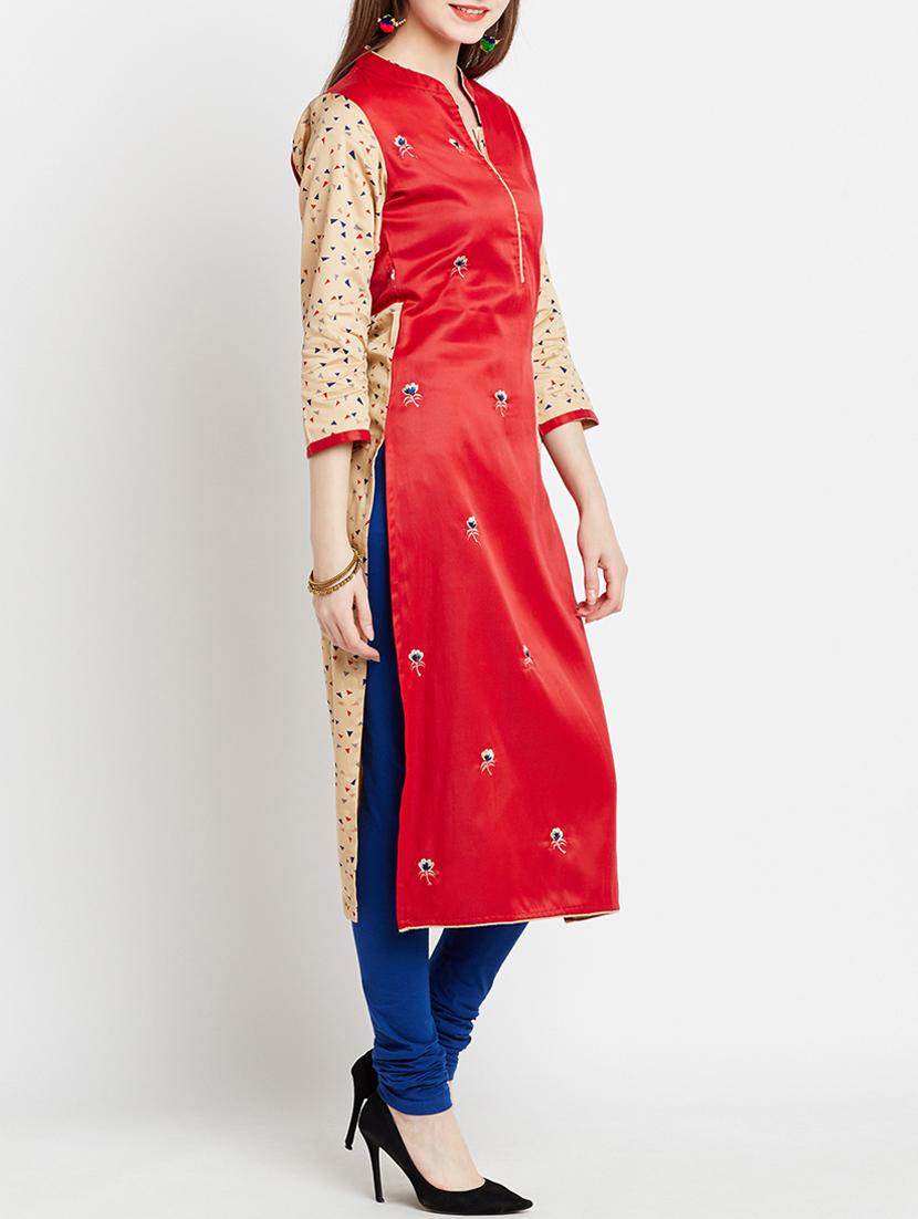 red cotton straight kurta - 15070182 - Zoom Image - 2
