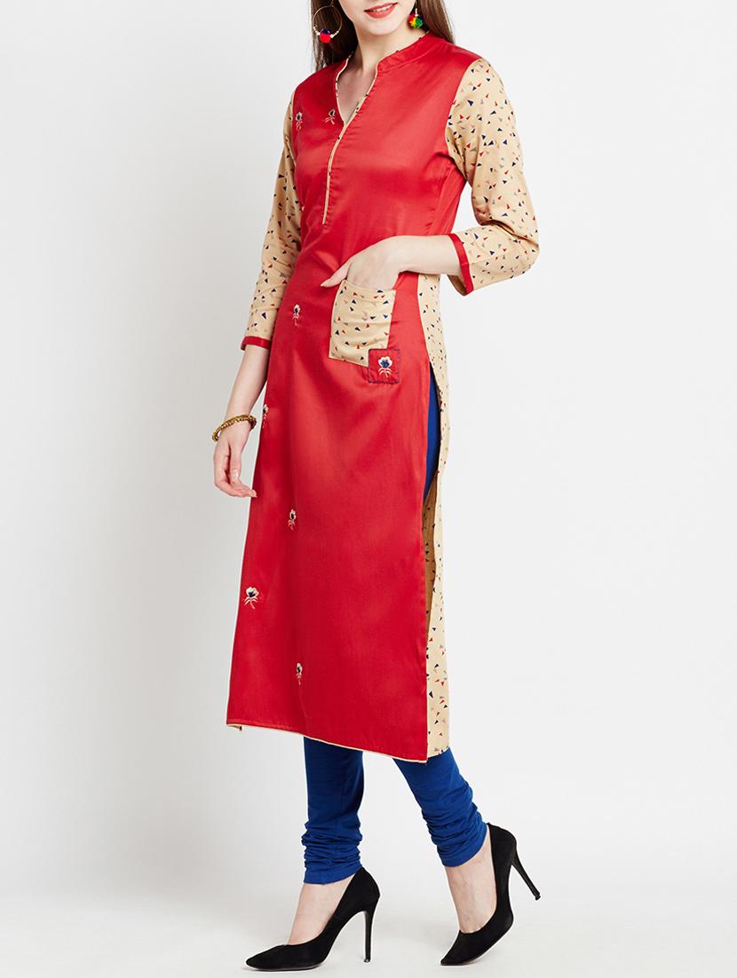 red cotton straight kurta - 15070182 - Zoom Image - 3