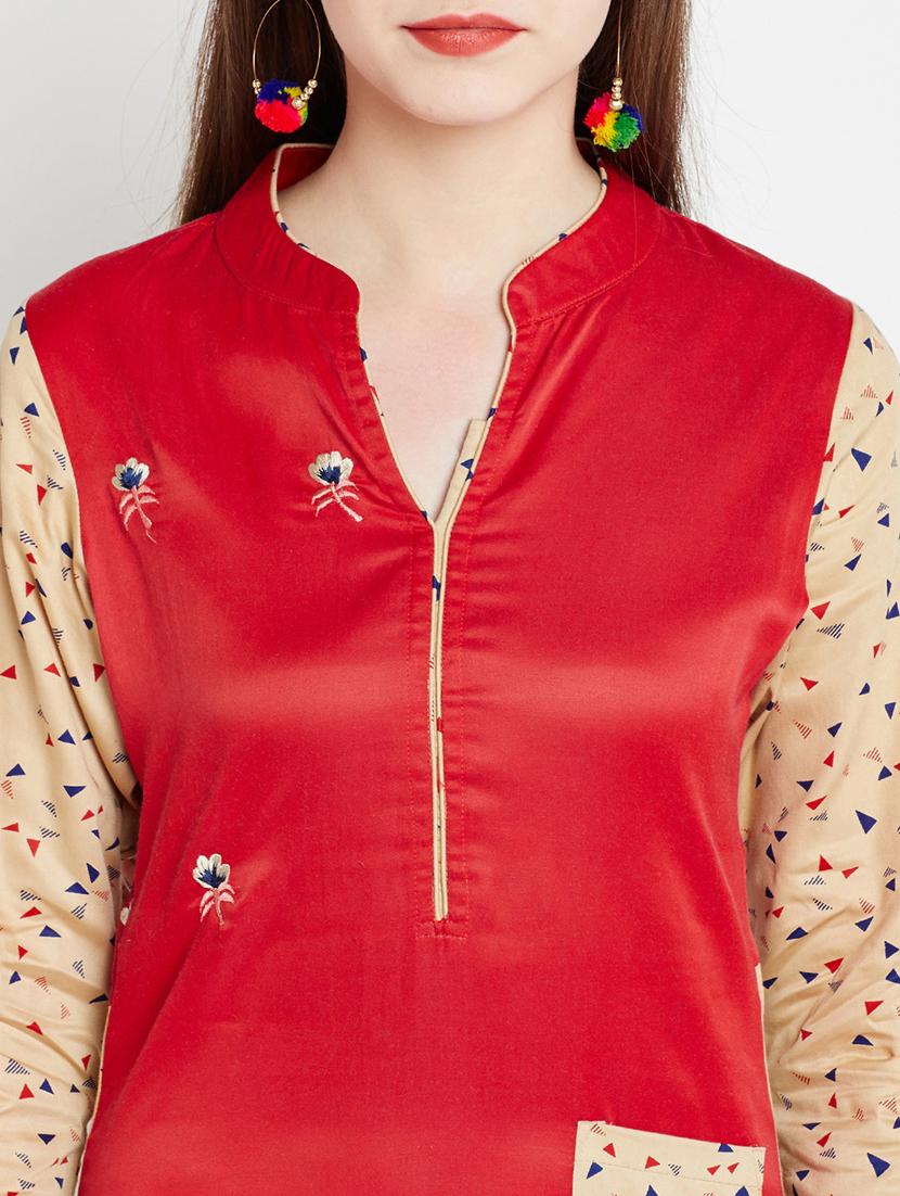 red cotton straight kurta - 15070182 - Zoom Image - 5