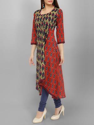 red cotton asymmetric kurta - 15071056 - Standard Image - 2