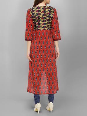 red cotton asymmetric kurta - 15071056 - Standard Image - 3