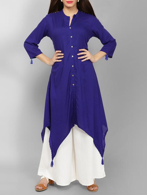 blue rayon solid asymmetric kurta - 15071059 - Standard Image - 1