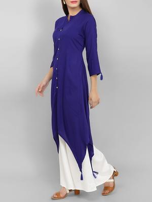 blue rayon solid asymmetric kurta - 15071059 - Standard Image - 2