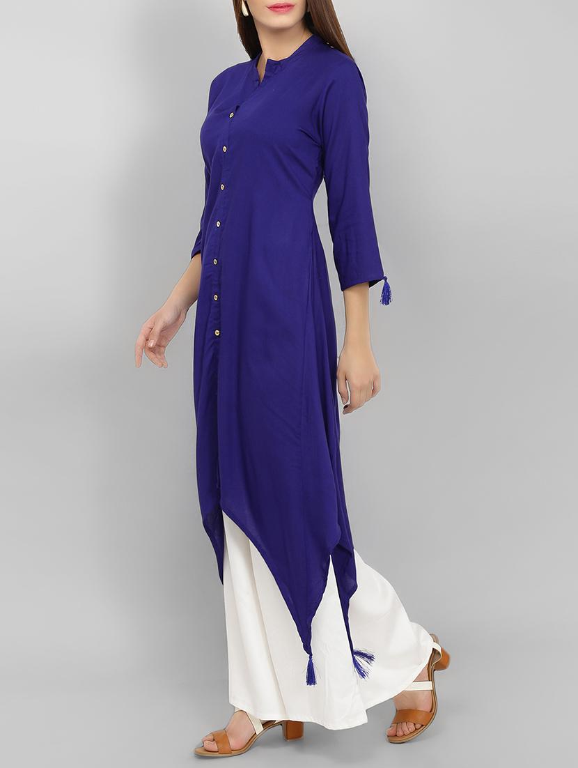 blue rayon solid asymmetric kurta - 15071059 - Zoom Image - 2