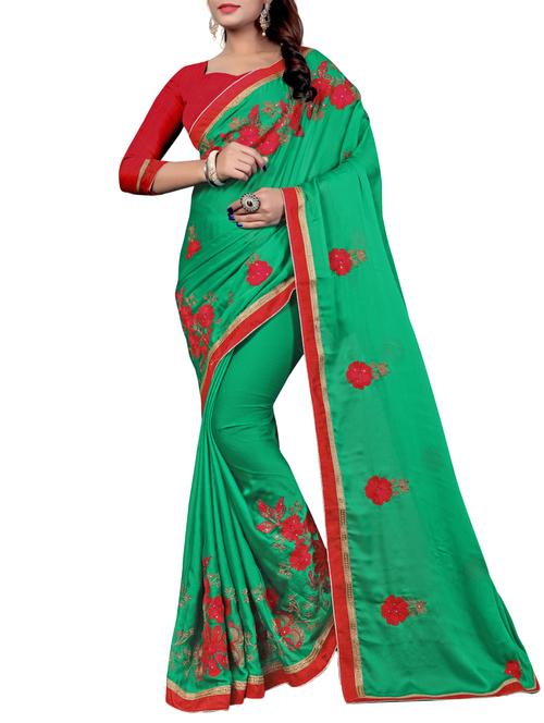 green silk embroidered saree with blouse - 15071215 - Standard Image - 1