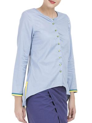 blue solid cotton asymmetric shirt - 15071224 - Standard Image - 2