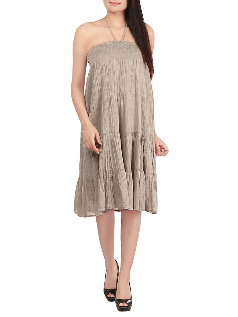 brown solid cotton off shoulder dress - 15072062 - Zoom Image - 1