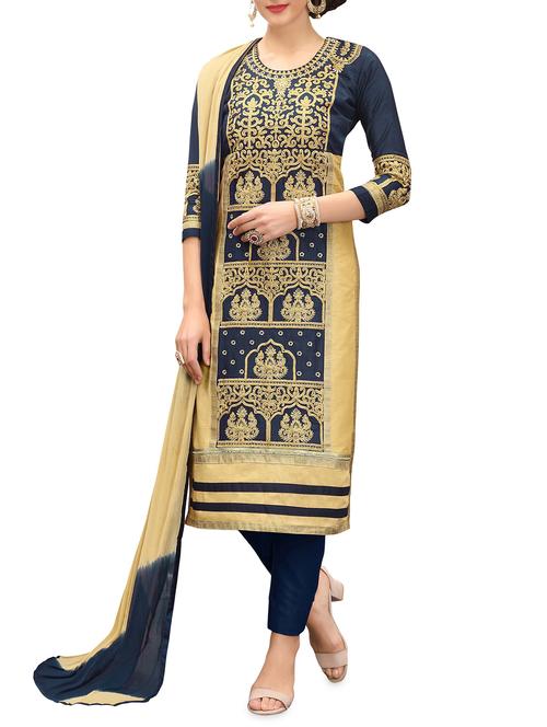 blue embroidered straight pant suits semi-stitched suit - 15072216 - Standard Image - 1
