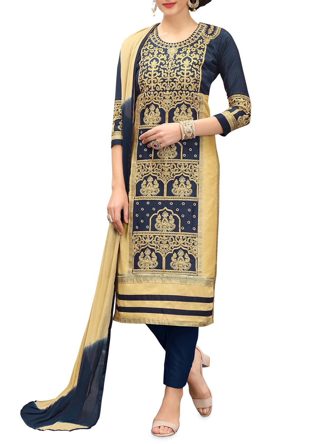 blue embroidered straight pant suits semi-stitched suit - 15072216 - Zoom Image - 1