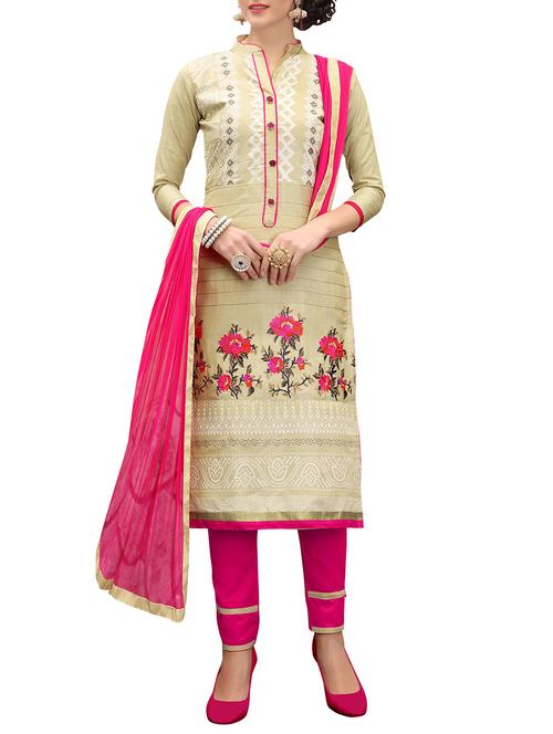 beige embroidered straight pant suits semi-stitched suit - 15072218 - Standard Image - 1