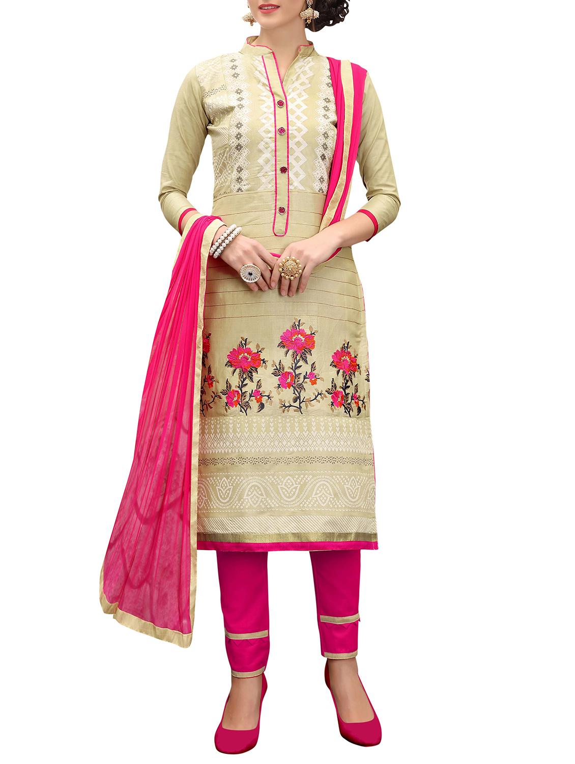 beige embroidered straight pant suits semi-stitched suit - 15072218 - Zoom Image - 1