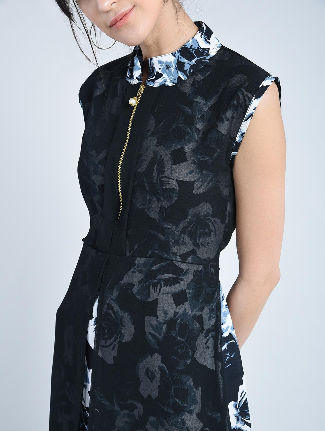 black printed a-line layered dress - 15072749 - Zoom Image - 4