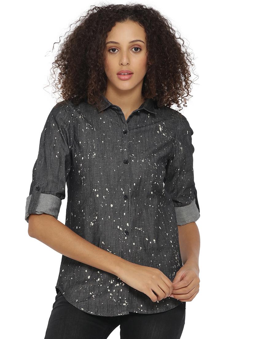 roll-up sleeves splatter print denim shirt - 15073309 - Zoom Image - 1