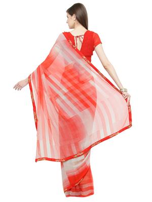 red georgette printed saree with blouse - 15074299 - Standard Image - 2