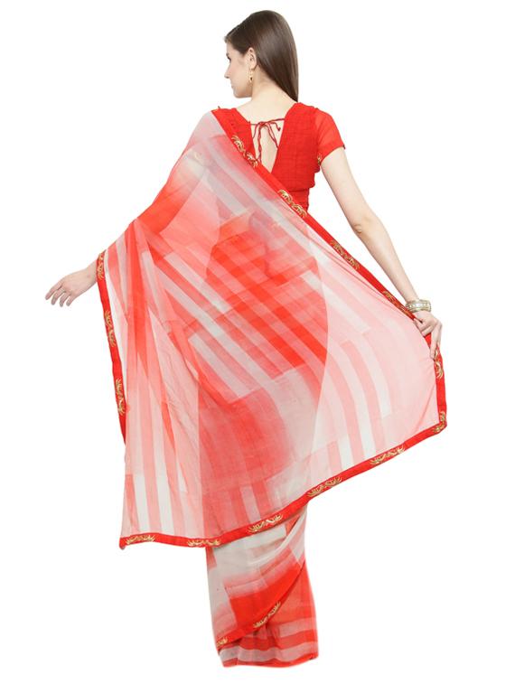 red georgette printed saree with blouse - 15074299 - Zoom Image - 2
