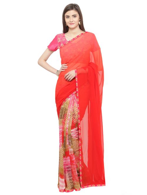 red georgette printed saree with blouse - 15074319 - Very Small Image - 1