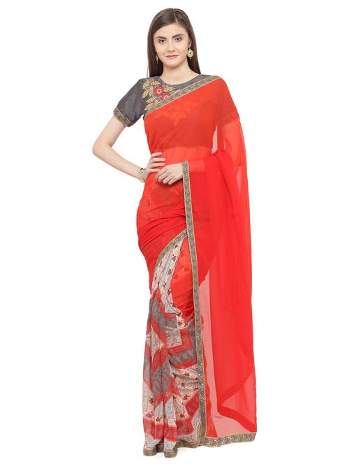 red georgette printed saree with blouse - 15074328 - Standard Image - 1