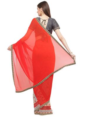 red georgette printed saree with blouse - 15074328 - Standard Image - 2