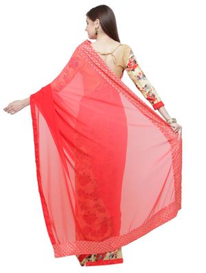 red georgette printed saree with blouse - 15074376 - Standard Image - 2