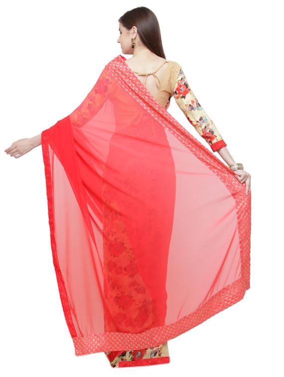 red georgette printed saree with blouse - 15074376 - Zoom Image - 2