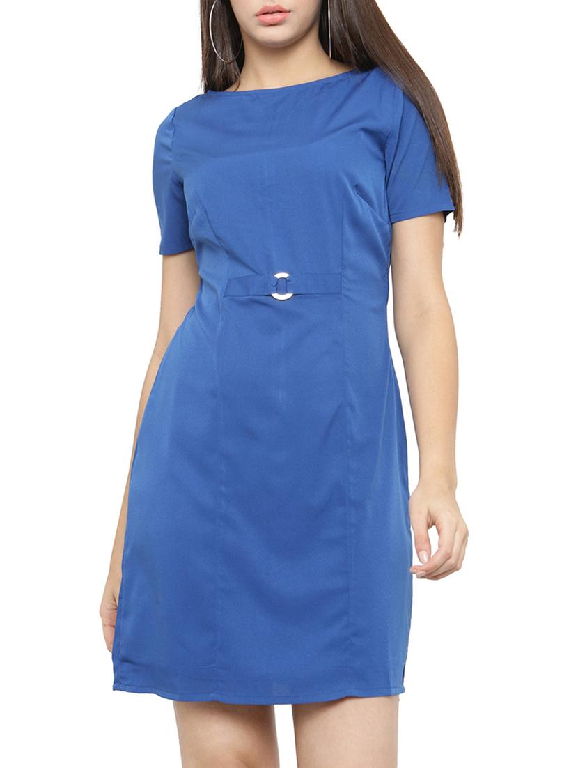 blue solid crepe a-line dress - 15075655 - Zoom Image - 1