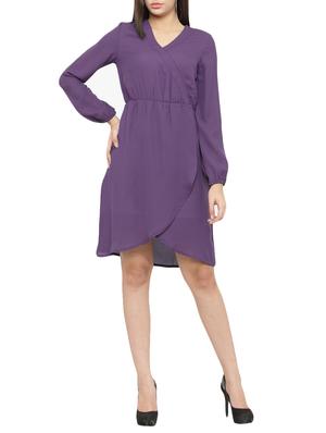 purple solid crepe wrap dress - 15075741 - Standard Image - 3
