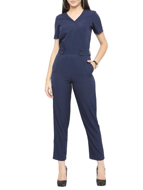 navy blue solid crepe full leg jumpsuit - 15075742 - Standard Image - 1