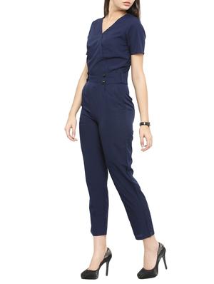navy blue solid crepe full leg jumpsuit - 15075742 - Standard Image - 2