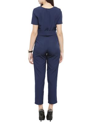 navy blue solid crepe full leg jumpsuit - 15075742 - Standard Image - 3