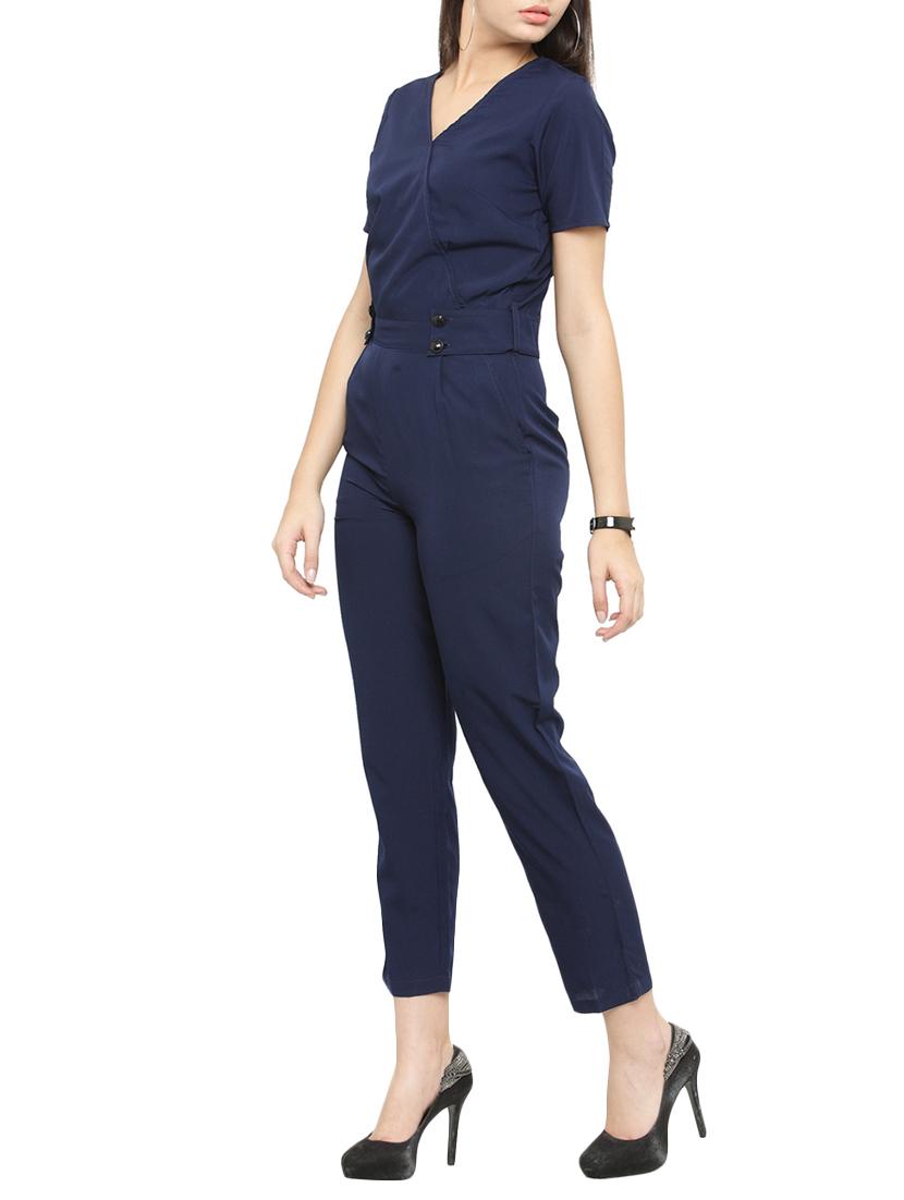 navy blue solid crepe full leg jumpsuit - 15075742 - Zoom Image - 2