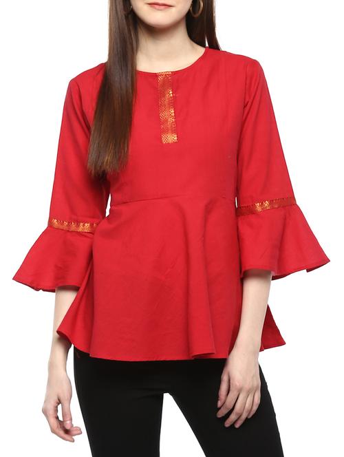 red solid cotton a-line top - 15075840 - Standard Image - 1