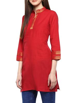 red cotton solid kurti - 15075845 - Standard Image - 2