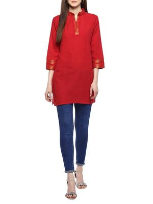 red cotton solid kurti - 15075845 - Standard Image - 4