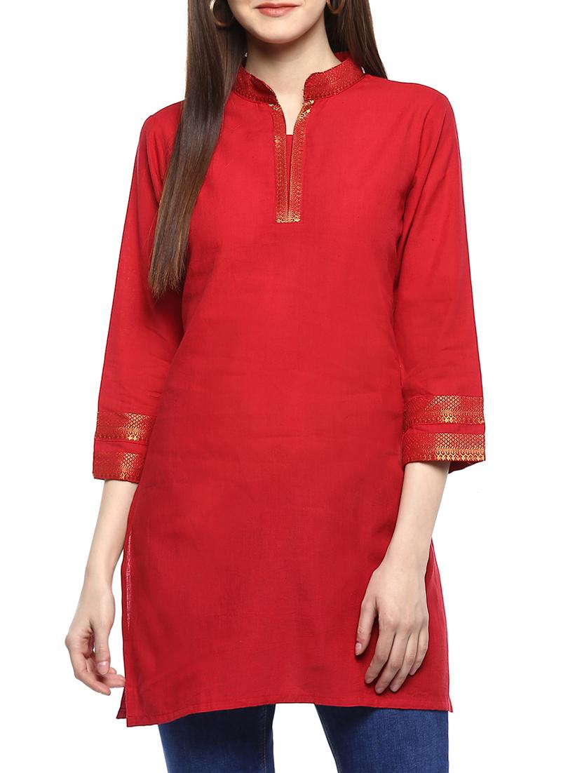 red cotton solid kurti - 15075845 - Zoom Image - 1