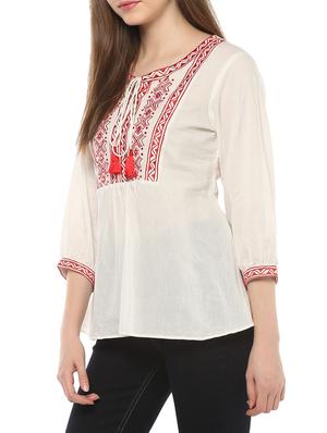 white solid cotton embroidered top - 15075846 - Standard Image - 2