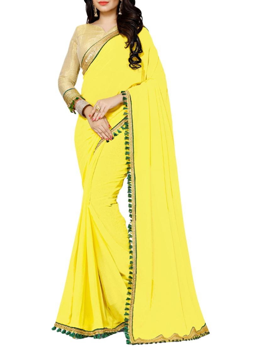 yellow georgette bordered saree with blouse - 15075905 - Zoom Image - 1