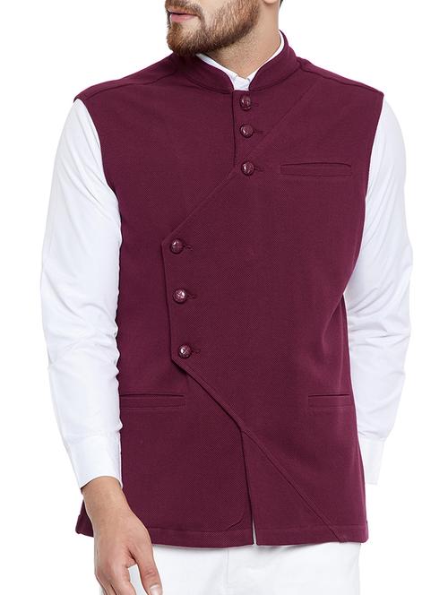 maroon cotton nehru jacket - 15077398 - Standard Image - 1