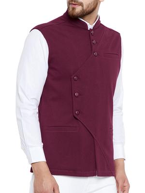 maroon cotton nehru jacket - 15077398 - Standard Image - 2