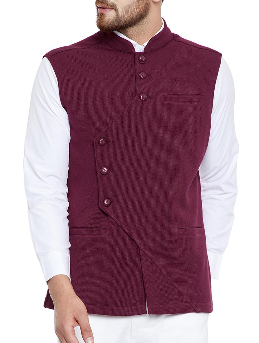 maroon cotton nehru jacket - 15077398 - Zoom Image - 1