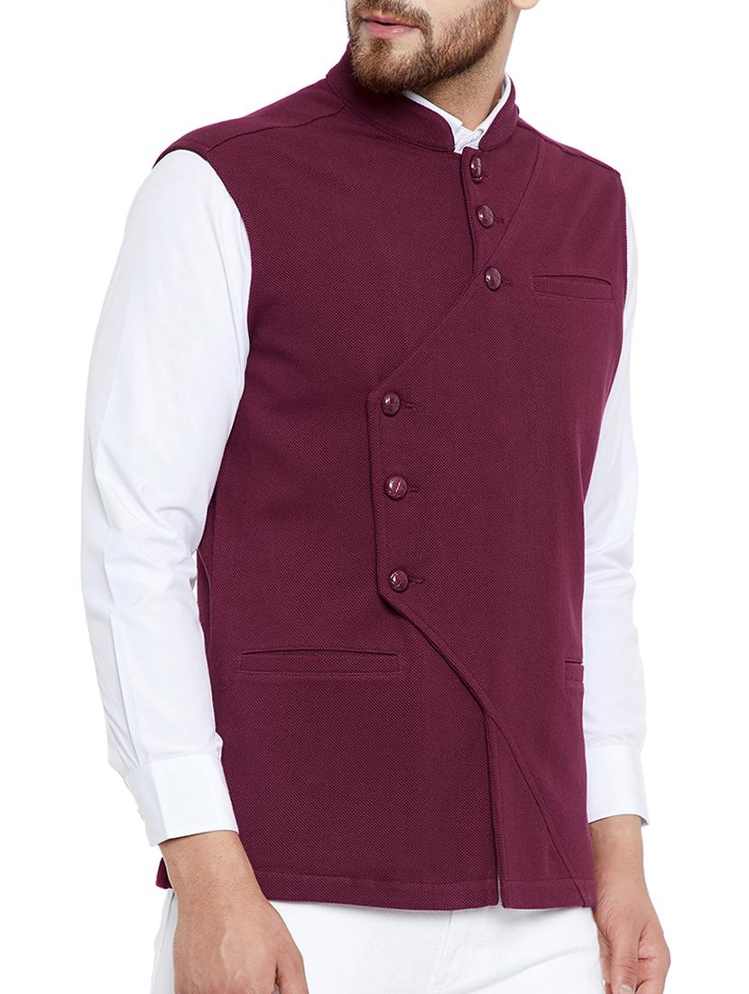 maroon cotton nehru jacket - 15077398 - Zoom Image - 2