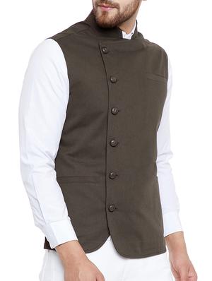 brown cotton nehru jacket - 15077408 - Standard Image - 2