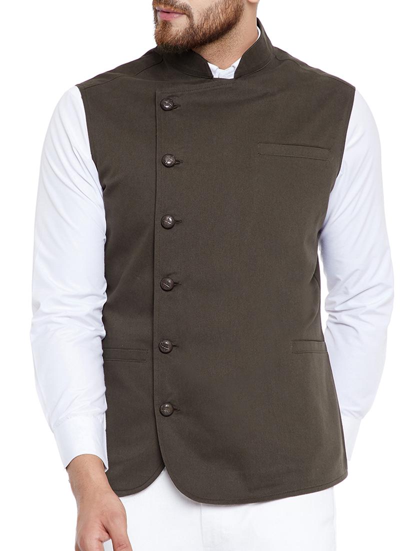 brown cotton nehru jacket - 15077408 - Zoom Image - 1