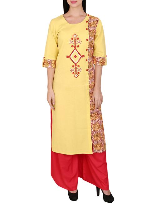 yellow cotton straight kurta - 15078500 - Standard Image - 1