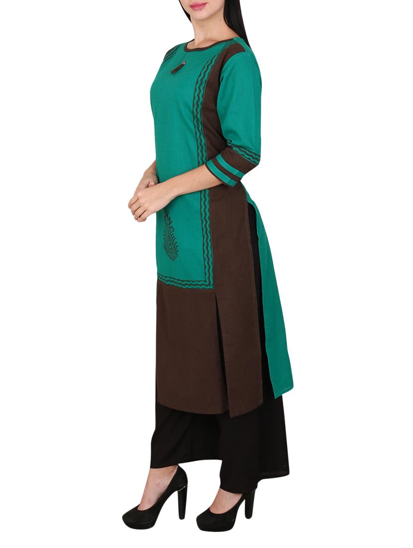 turquoise cotton straight kurta - 15078503 - Zoom Image - 2
