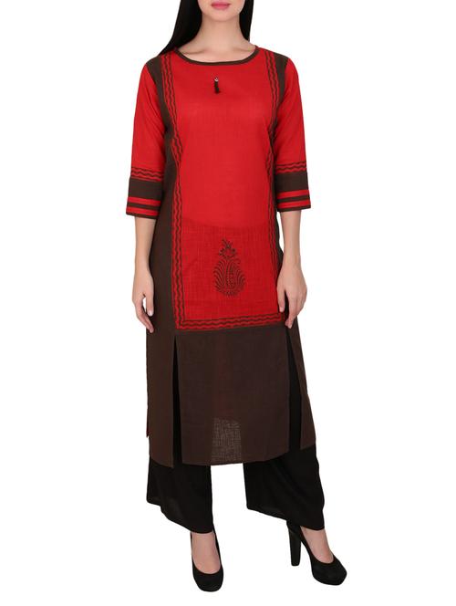 red cotton straight kurta - 15078505 - Standard Image - 1