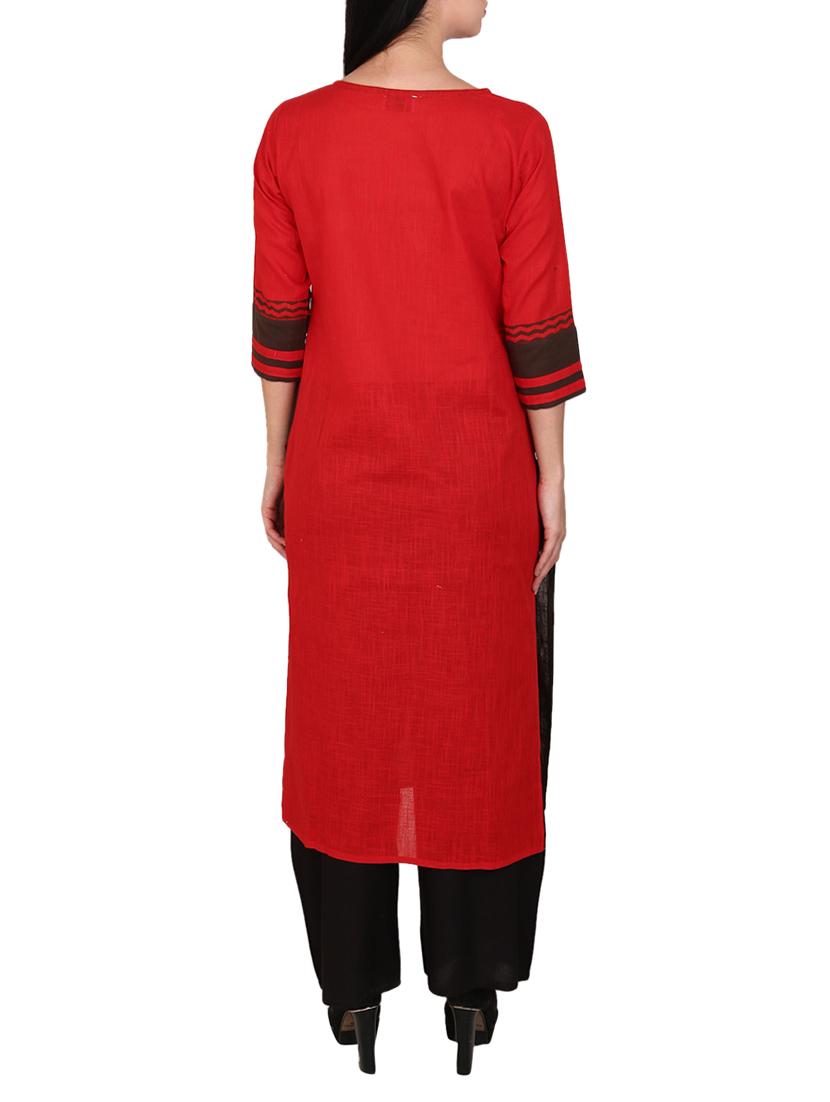 red cotton straight kurta - 15078505 - Zoom Image - 3