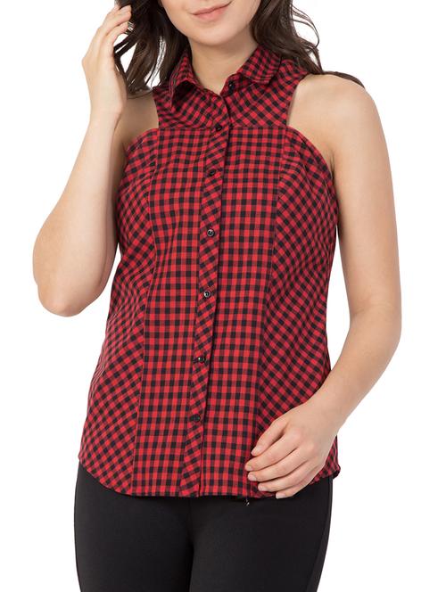 button up sleeveless checkered top - 15081006 - Standard Image - 1