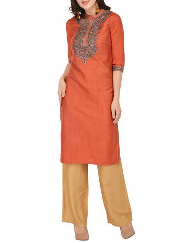 red cotton blend straight kurta - 15081010 - Very Small Image - 1