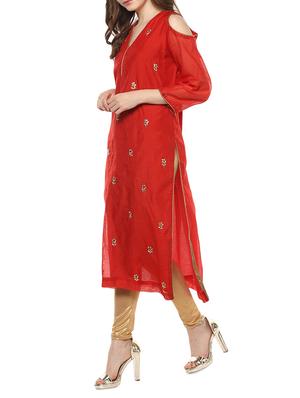 red chanderi solid kurta - 15082249 - Standard Image - 2
